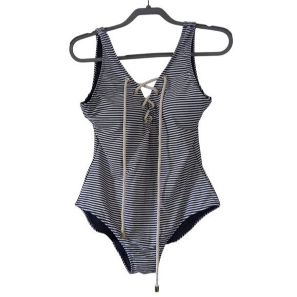 Jones New York Nautical Marinière Striped Lace Up One Piece Swimsuit L - Picture 2 of 5